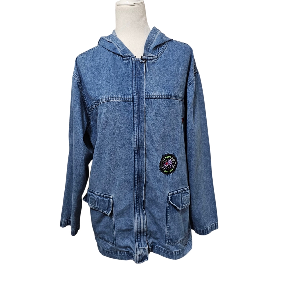 Bill Blass Vintage Hooded Jean Jacket With Novelty Patches Loosefit Womens Large